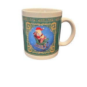 Santa Christmas Coffee Cup Mug Sleigh Spyglass Stocking Xmas List Green Gold